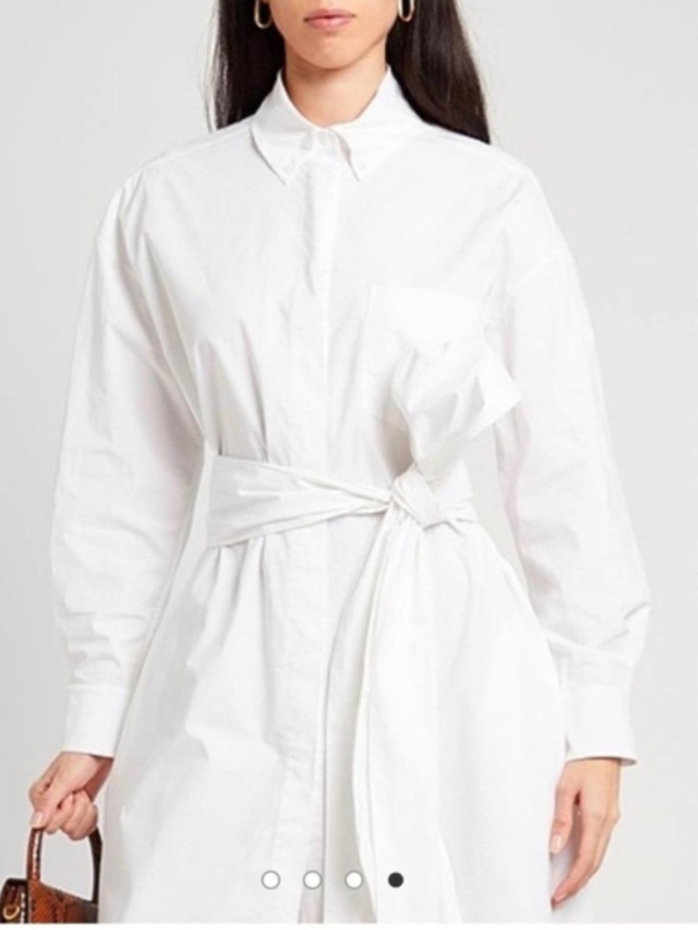 White Poplin Tie Waist Shirt Dress Long Sleeve Mini Dress - Picture 5 of 5
